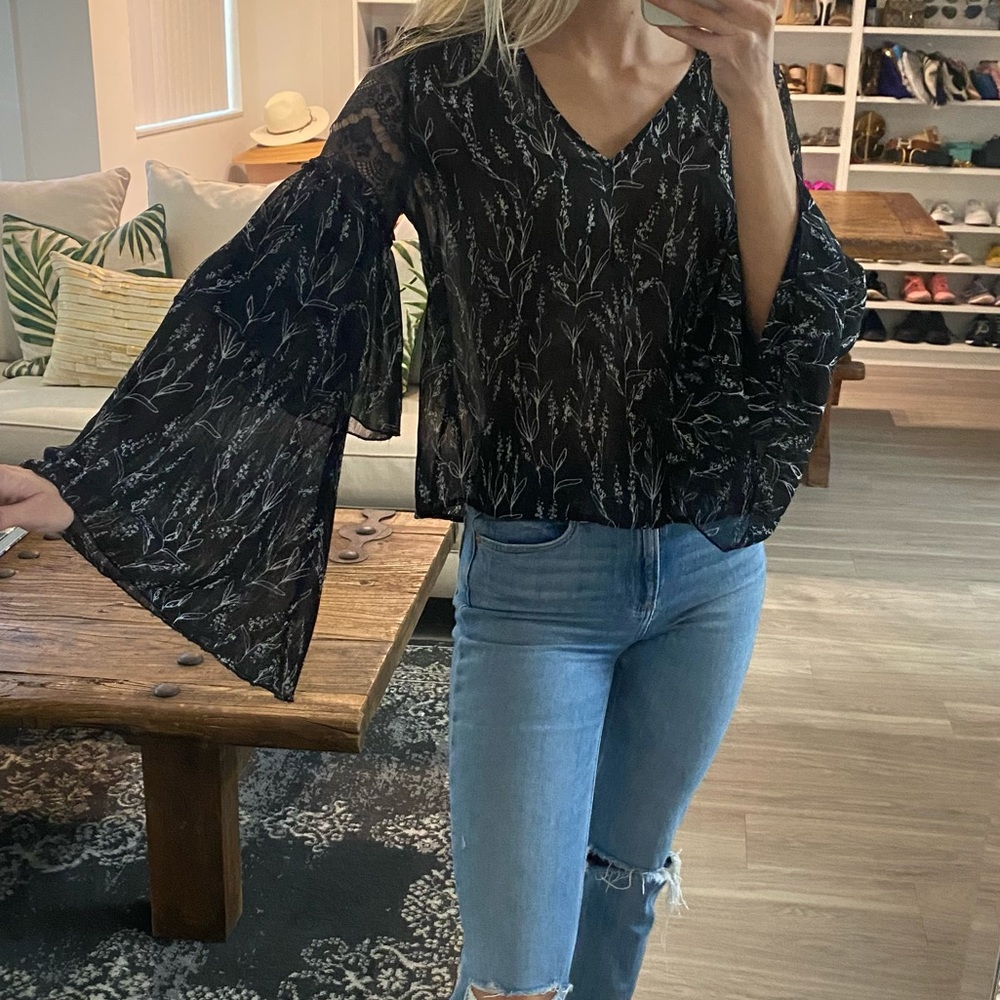 Zara Black Floral Chiffon Bell Sleeve Top size S